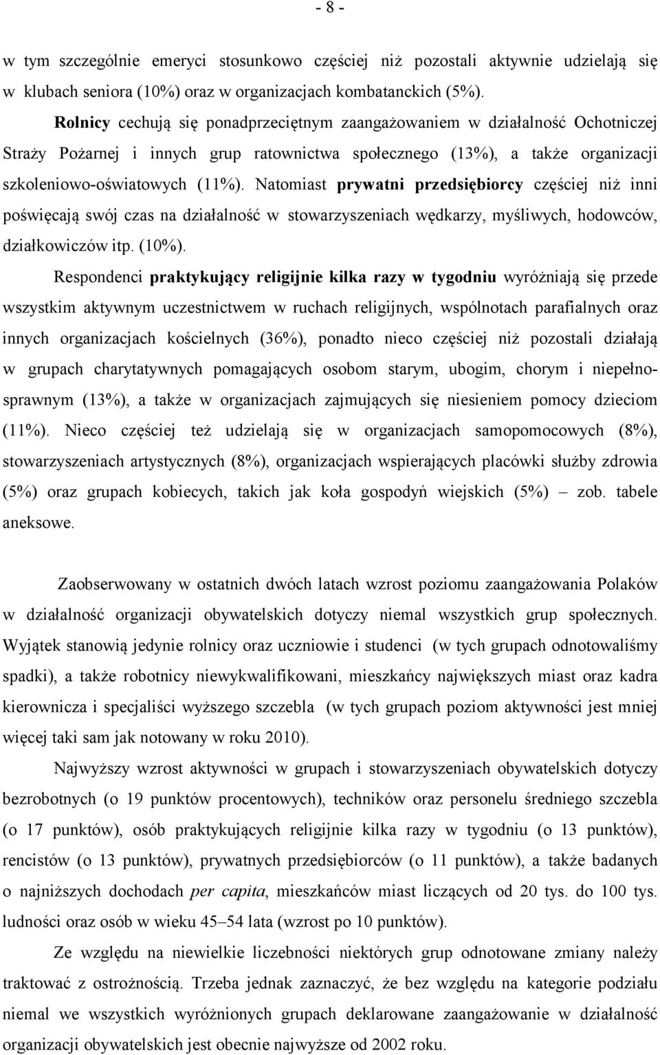 Natomiast prywatni przedsiębiorcy częściej niż inni poświęcają swój czas na działalność w stowarzyszeniach wędkarzy, myśliwych, hodowców, działkowiczów itp. (10%).