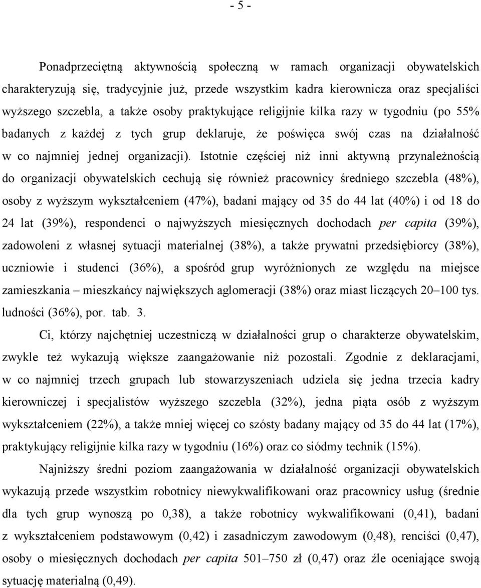 Istotnie częściej niż inni aktywną przynależnością do organizacji obywatelskich cechują się również pracownicy średniego szczebla (48%), osoby z wyższym wykształceniem (47%), badani mający od 35 do