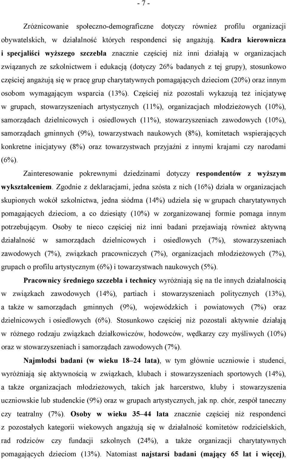 angażują się w pracę grup charytatywnych pomagających dzieciom (20%) oraz innym osobom wymagającym wsparcia (13%).