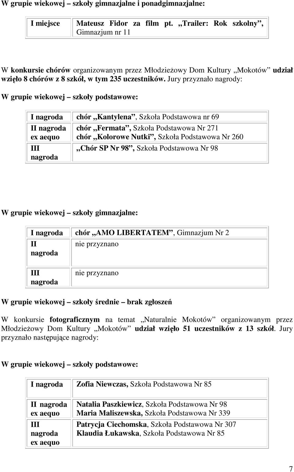 Jury przyznało nagrody: W grupie wiekowej szkoły podstawowe: I chór Kantylena, Szkoła Podstawowa nr 69 II chór Fermata, Szkoła Podstawowa Nr 271 chór Kolorowe Nutki, Szkoła Podstawowa Nr 260 Chór SP