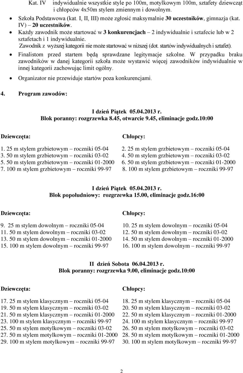 Każdy zawodnik może startować w 3 konkurencjach 2 indywidualnie i sztafecie lub w 2 sztafetach i 1 indywidualnie. Zawodnik z wyższej kategorii nie może startować w niższej (dot.