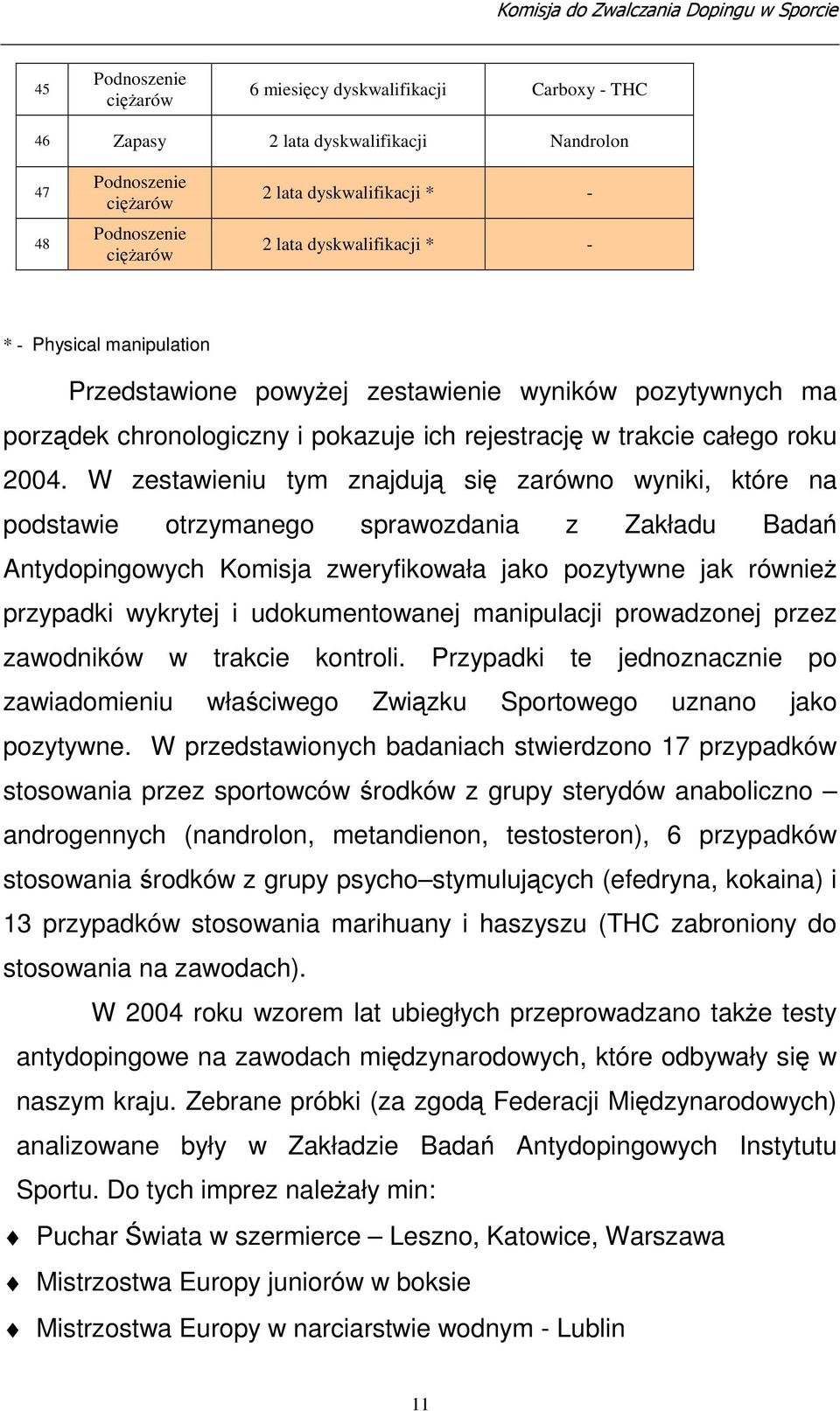 W zestawieniu tym znajduj si zarówno wyniki, które na podstawie otrzymanego sprawozdania z Zakładu Bada Antydopingowych Komisja zweryfikowała jako pozytywne jak równie przypadki wykrytej i