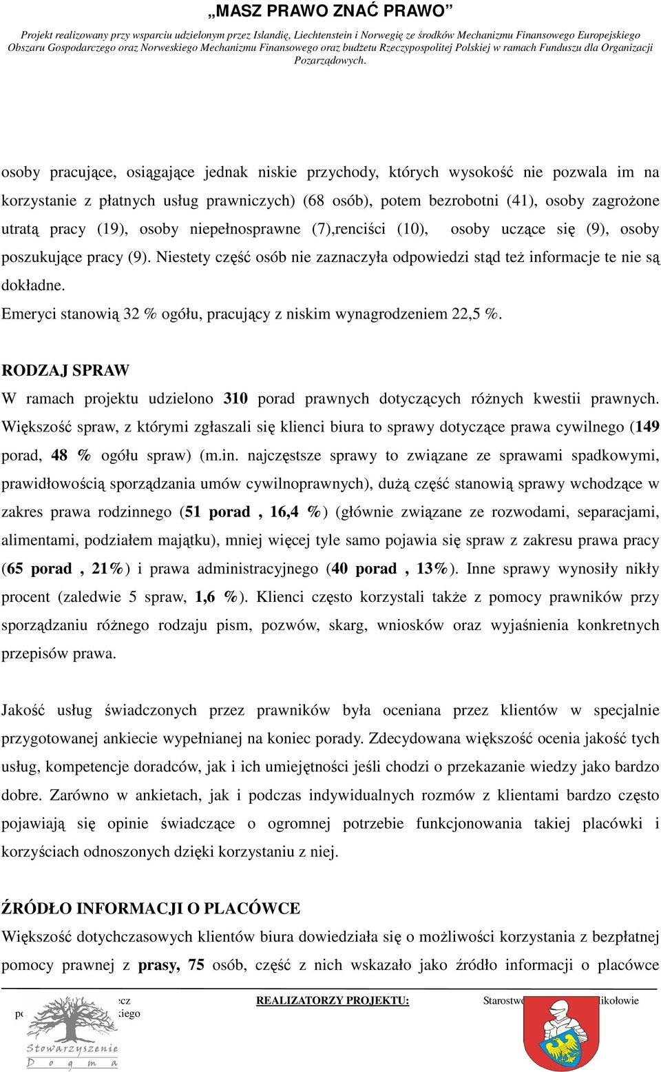 Emeryci stanowią 32 % ogółu, pracujący z niskim wynagrodzeniem 22,5 %. RODZAJ SPRAW W ramach projektu udzielono 310 porad prawnych dotyczących róŝnych kwestii prawnych.