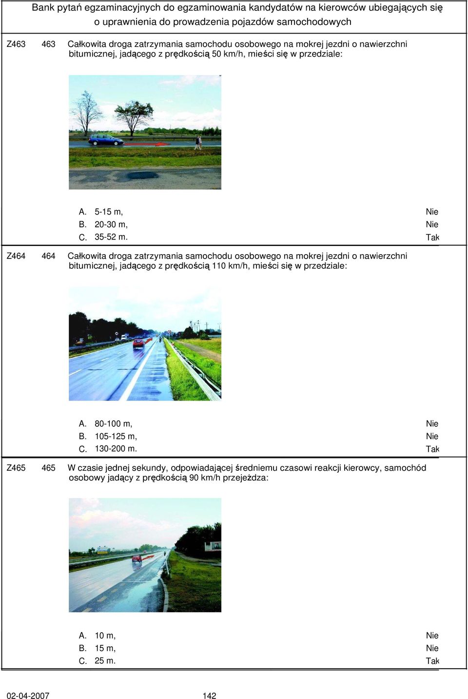 Tak Z464 464 Całkowita droga zatrzymania samochodu osobowego na mokrej jezdni o nawierzchni bitumicznej, jadącego z prędkością 110 km/h, mieści się w