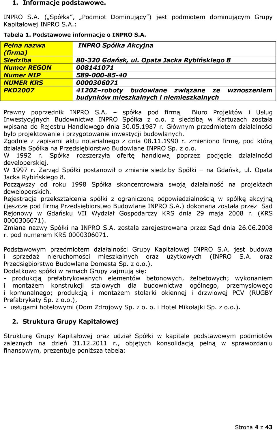 poprzednik INPRO S.A. spółka pod firmą Biuro Projektów i Usług Inwestycyjnych Budownictwa INPRO Spółka z o.o. z siedzibą w Kartuzach została wpisana do Rejestru Handlowego dnia 30.05.1987 r.