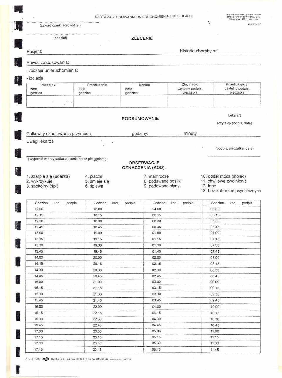 czytelny podps. godzna godzna godzna peczątka peczątka Lekarz") PODSUMOWANE (czytelny podps. data) Całkowty czas trwana przymusu: godzny: mnuty Uwag lekarza (podps.