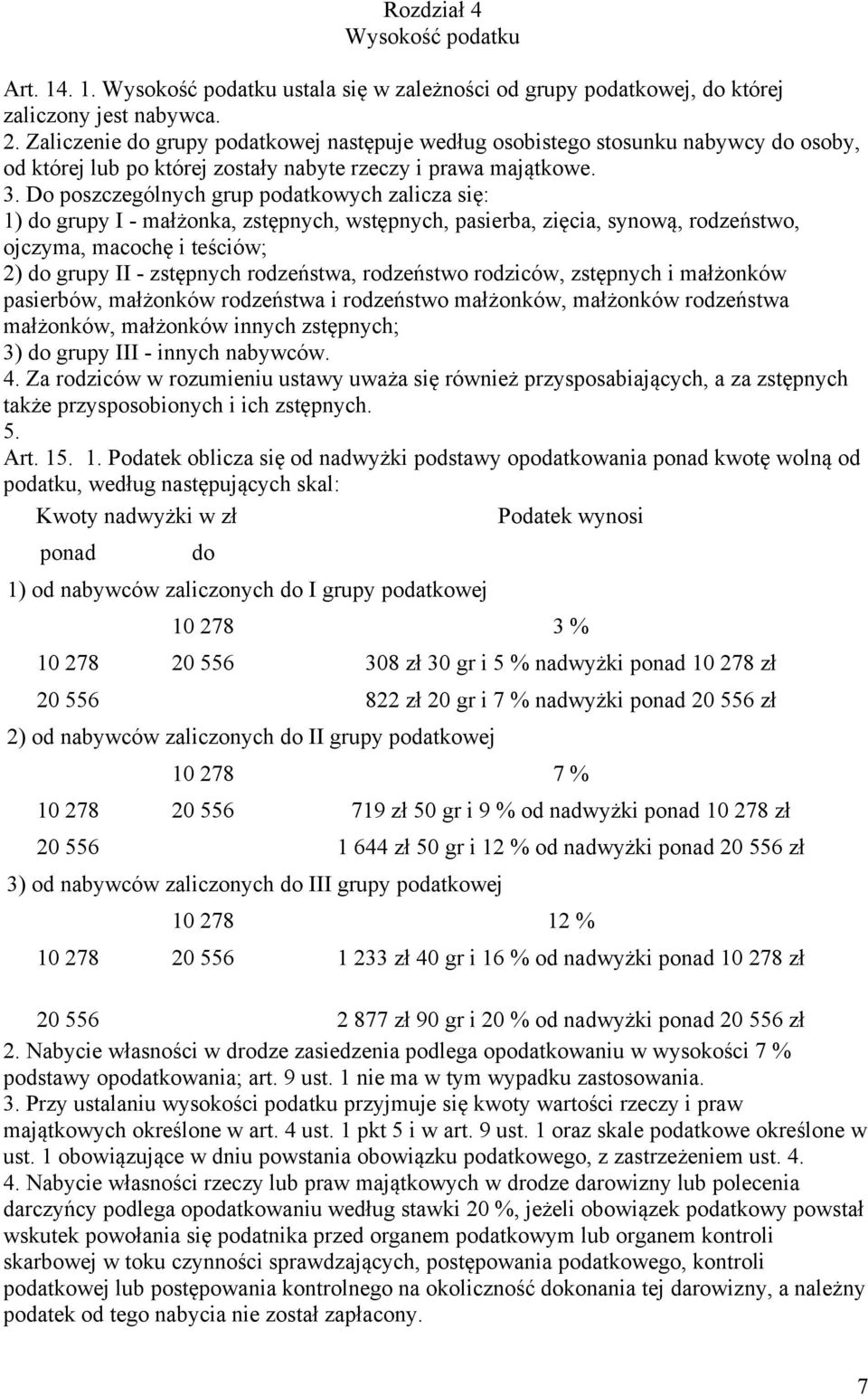 Do poszczególnych grup podatkowych zalicza się: 1) do grupy I - małżonka, zstępnych, wstępnych, pasierba, zięcia, synową, rodzeństwo, ojczyma, macochę i teściów; 2) do grupy II - zstępnych