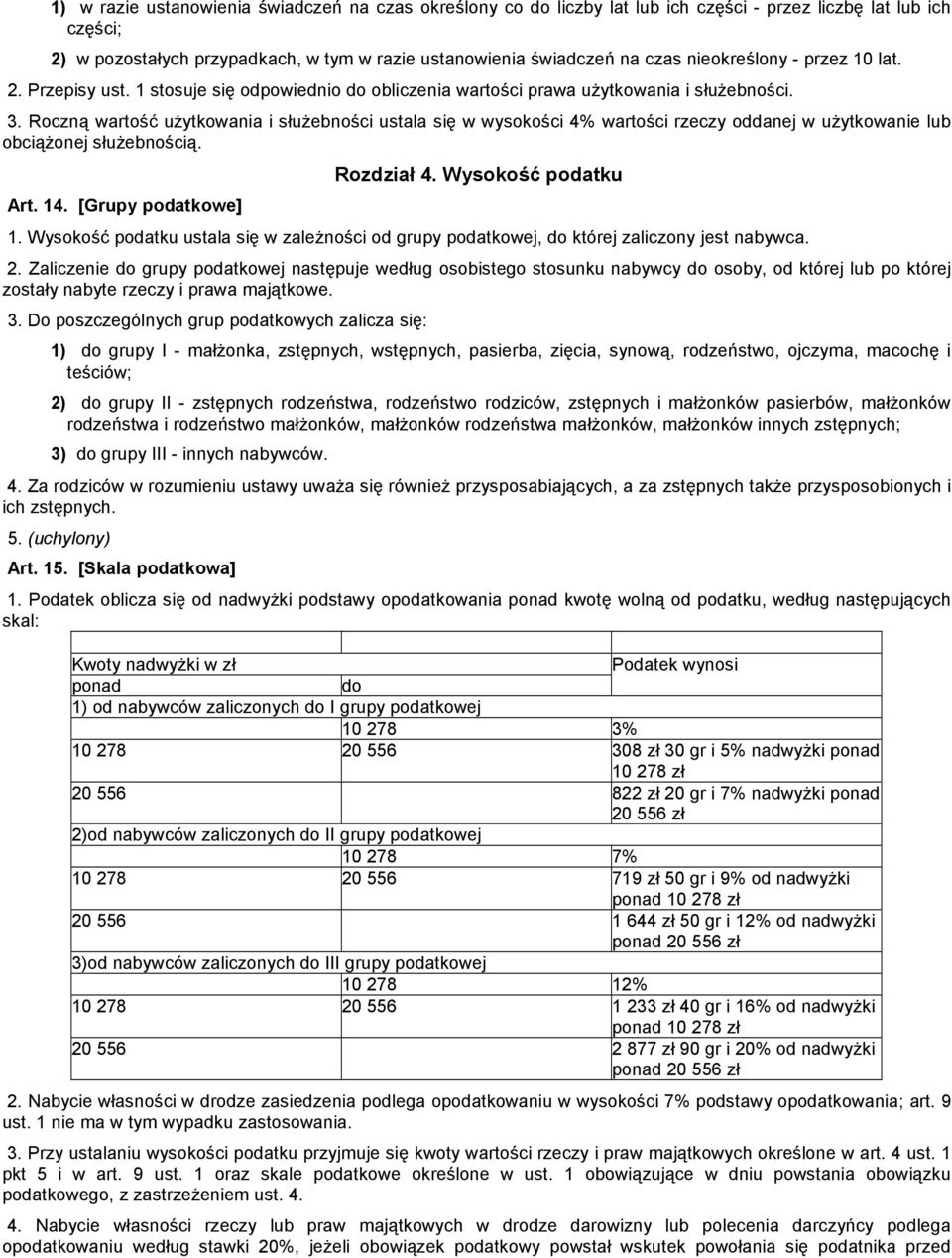 Roczną wartość uŝytkowania i słuŝebności ustala się w wysokości 4% wartości rzeczy oddanej w uŝytkowanie lub obciąŝonej słuŝebnością. Art. 14. [Grupy podatkowe] Rozdział 4. Wysokość podatku 1.