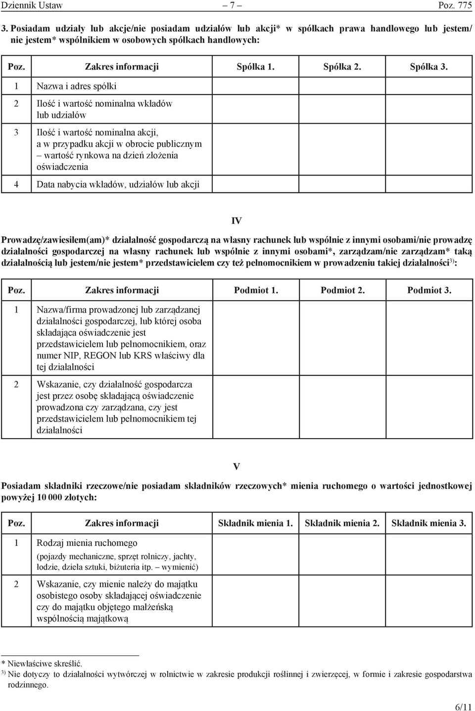 1 Nazwa i adres spółki 2 Ilość i wartość nominalna wkładów lub udziałów 3 Ilość i wartość nominalna akcji, a w przypadku akcji w obrocie publicznym wartość rynkowa na dzień złożenia oświadczenia 4