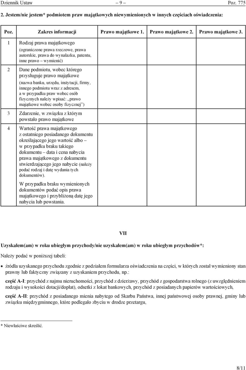 1 Rodzaj prawa majątkowego (ograniczone prawa rzeczowe, prawa autorskie, prawa do wynalazku, patentu, inne prawo wymienić) 2 Dane podmiotu, wobec którego przysługuje prawo majątkowe (nazwa banku,