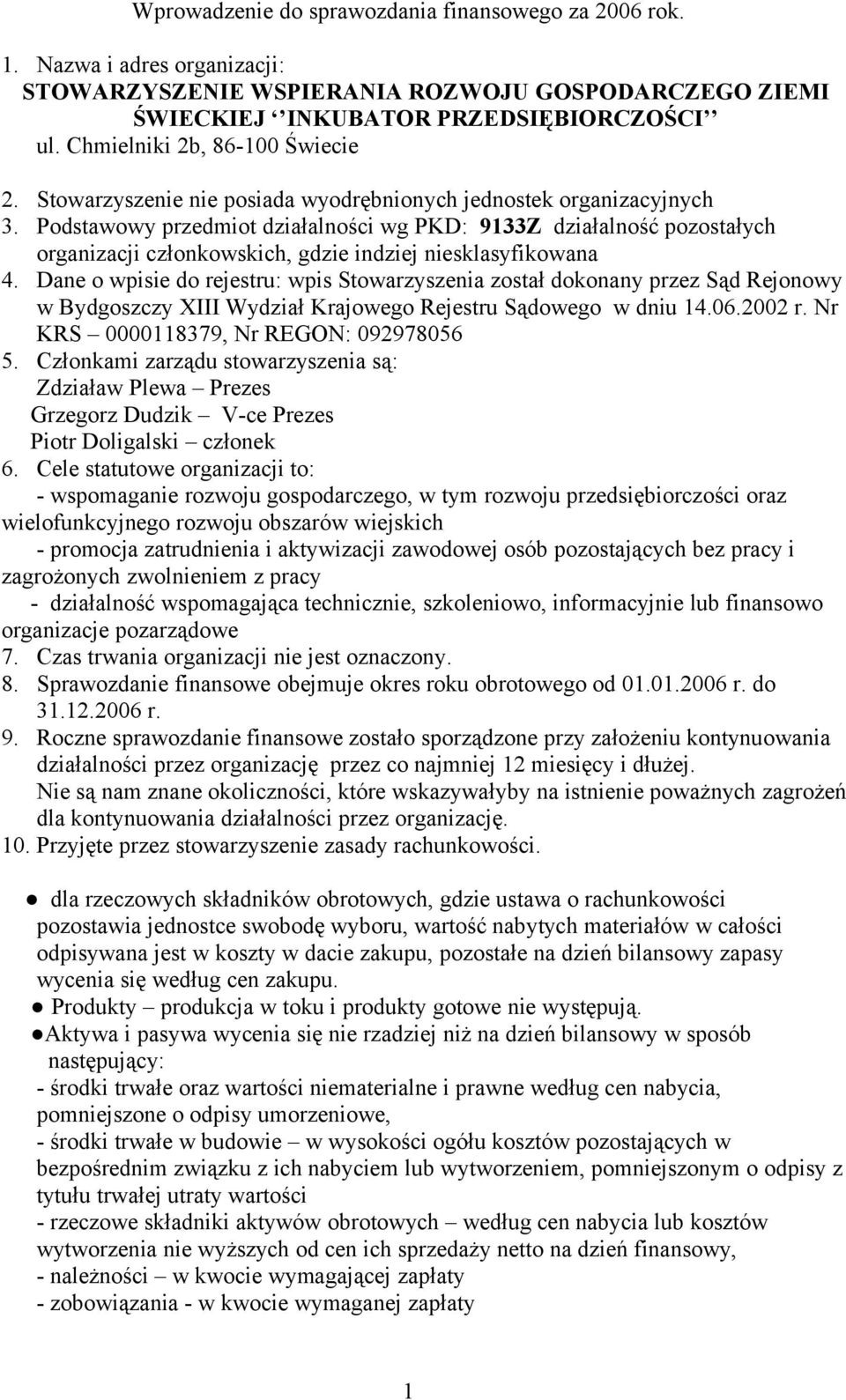 Podstawowy przedmiot działalności wg PKD: 9133Z działalność pozostałych organizacji członkowskich, gdzie indziej niesklasyfikowana 4.