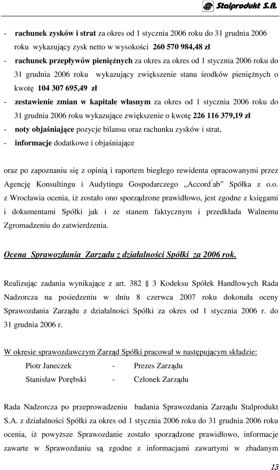 zwiększenie kwtę 226 116 379,19 zł - nty bjaśniające pzycje bilansu raz rachunku zysków i strat, - infrmacje ddatkwe i bjaśniające raz p zapznaniu się z pinią i raprtem biegłeg rewidenta pracwanymi