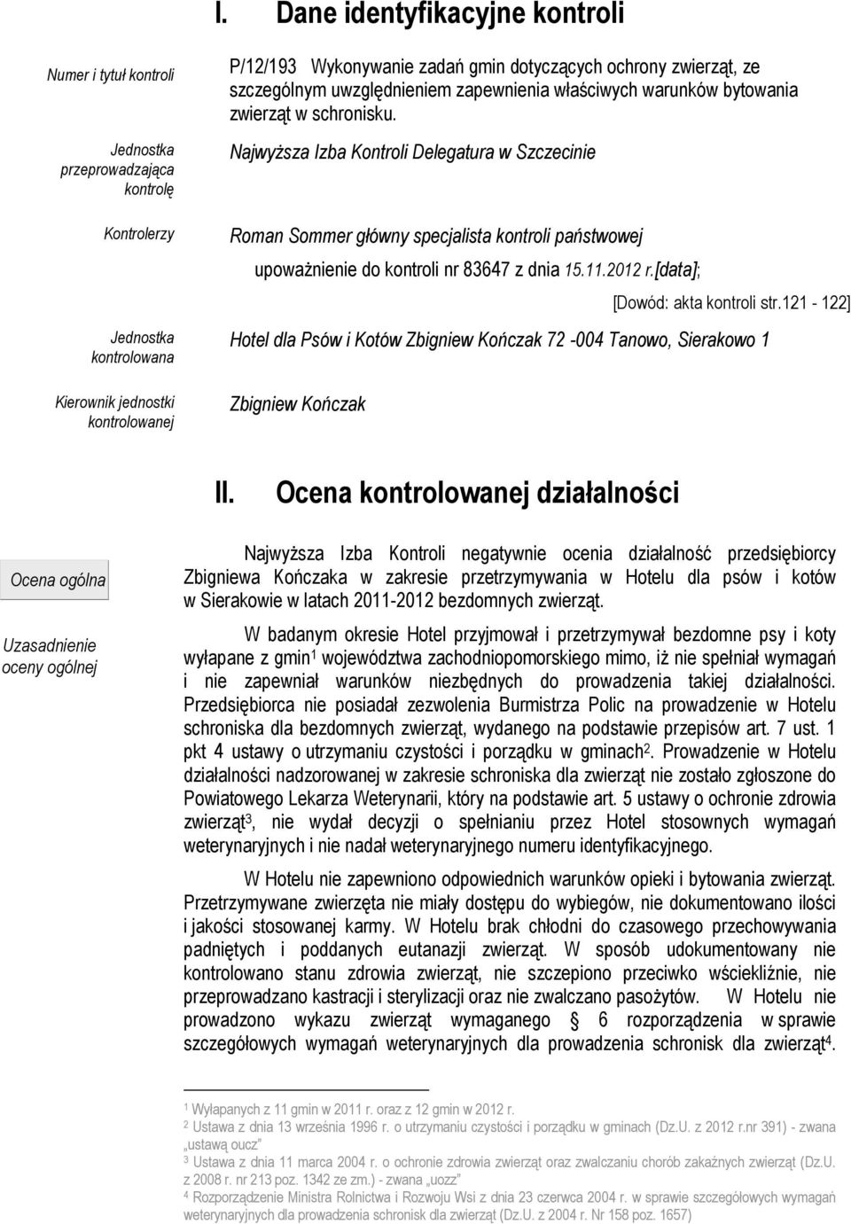 NajwyŜsza Izba Kontroli Delegatura w Szczecinie Roman Sommer główny specjalista kontroli państwowej upowaŝnienie do kontroli nr 83647 z dnia 15.11.2012 r.[data]; [Dowód: akta kontroli str.