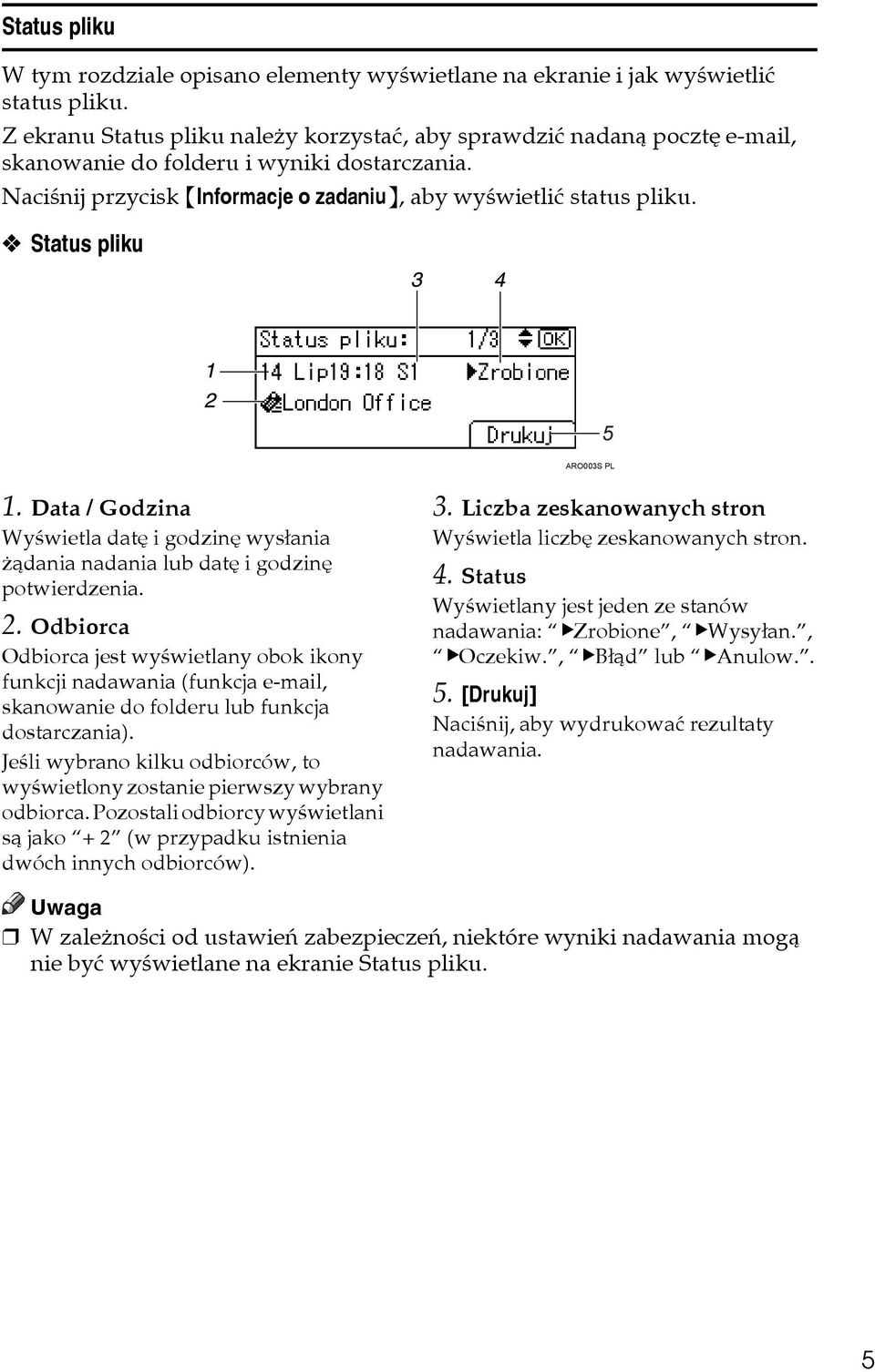 Status pliku ARO003S PL 1. Data / Godzina Wyãwietla datê i godzinê wysâania åàdania nadania lub datê i godzinê potwierdzenia. 2.