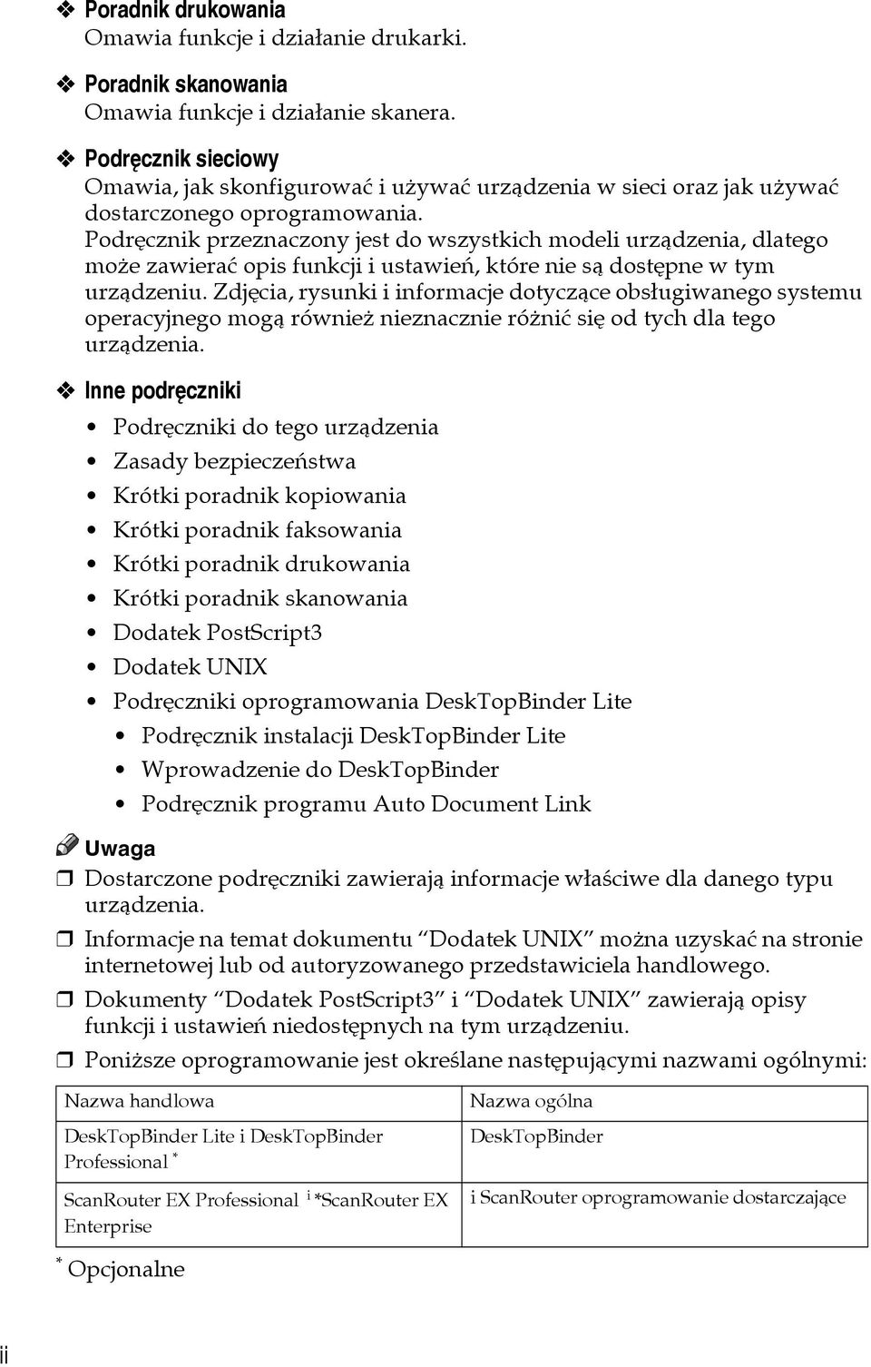 Podrêcznik przeznaczony jest do wszystkich modeli urzàdzenia, dlatego moåe zawieraæ opis funkcji i ustawieñ, które nie sà dostêpne w tym urzàdzeniu.