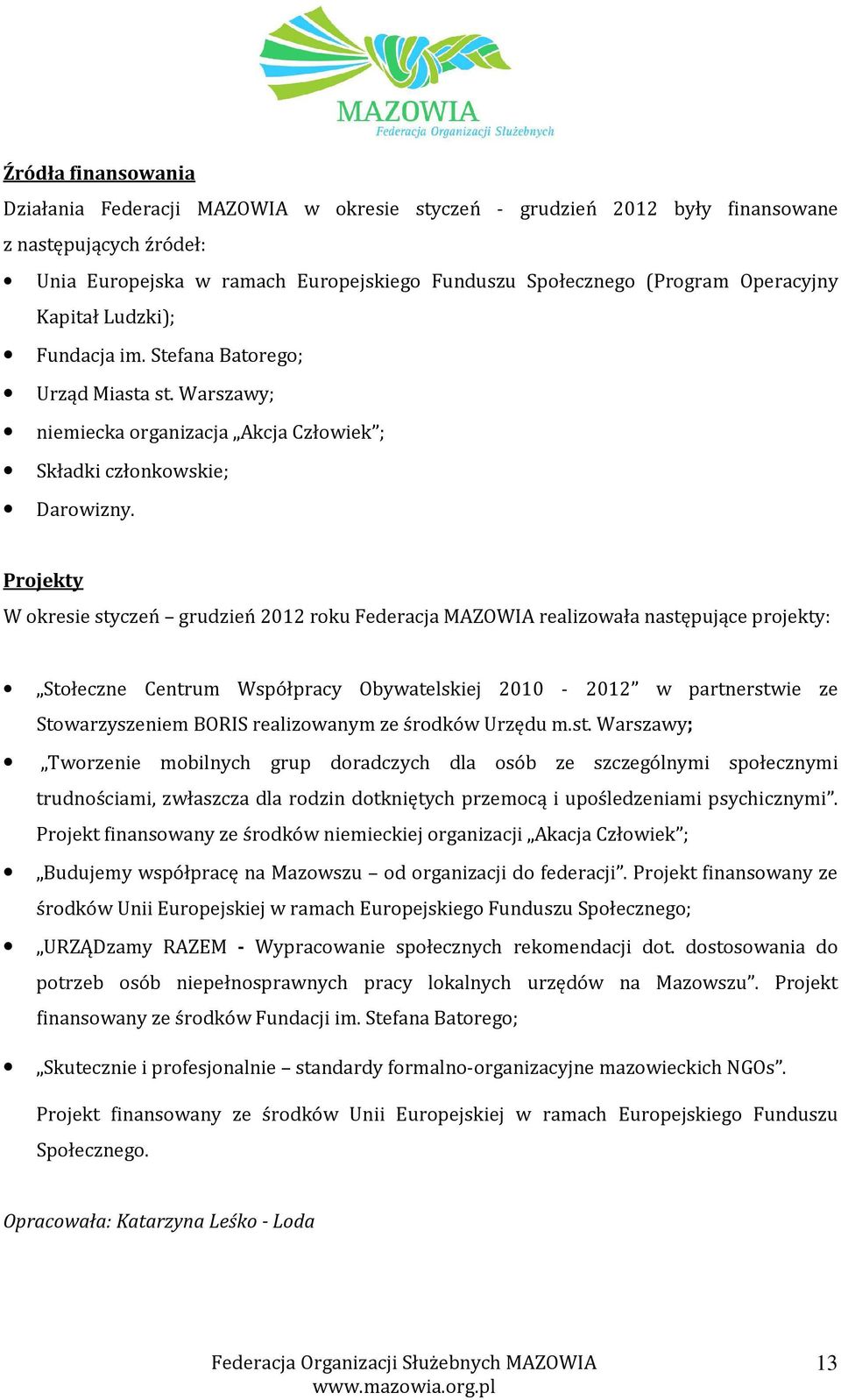 Projekty W okresie styczeń grudzień 2012 roku Federacja MAZOWIA realizowała następujące projekty: Stołeczne Centrum Współpracy Obywatelskiej 2010-2012 w partnerstwie ze Stowarzyszeniem BORIS