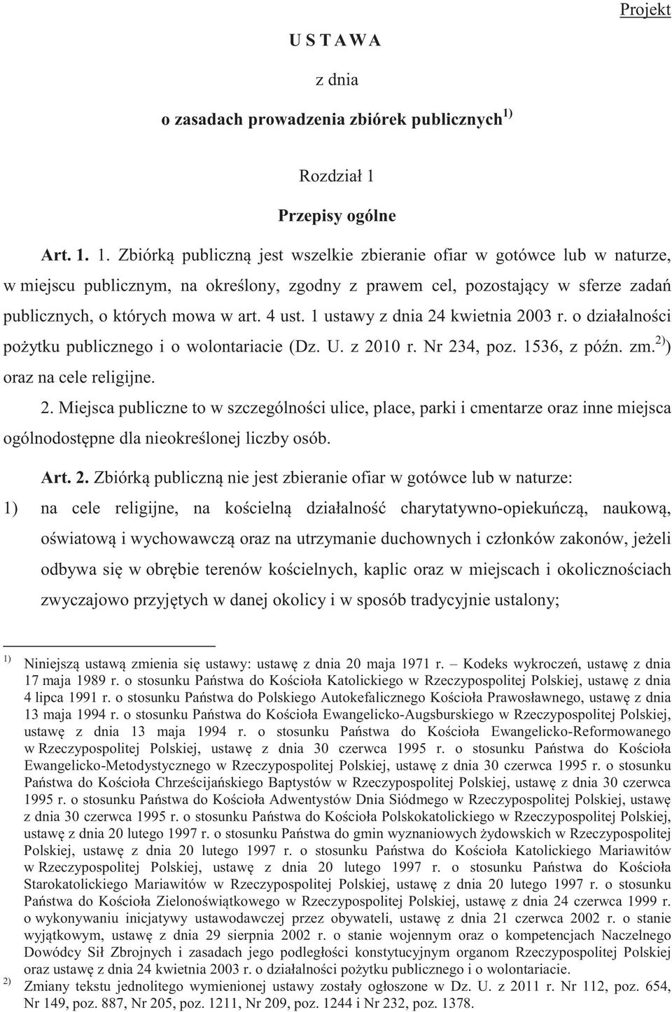 4 ust. 1 ustawy z dnia 24 kwietnia 2003 r. o działalno ci po ytku publicznego i o wolontariacie (Dz. U. z 2010 r. Nr 234, poz. 1536, z pó n. zm. 2) ) oraz na cele religijne. 2. Miejsca publiczne to w szczególno ci ulice, place, parki i cmentarze oraz inne miejsca ogólnodost pne dla nieokre lonej liczby osób.