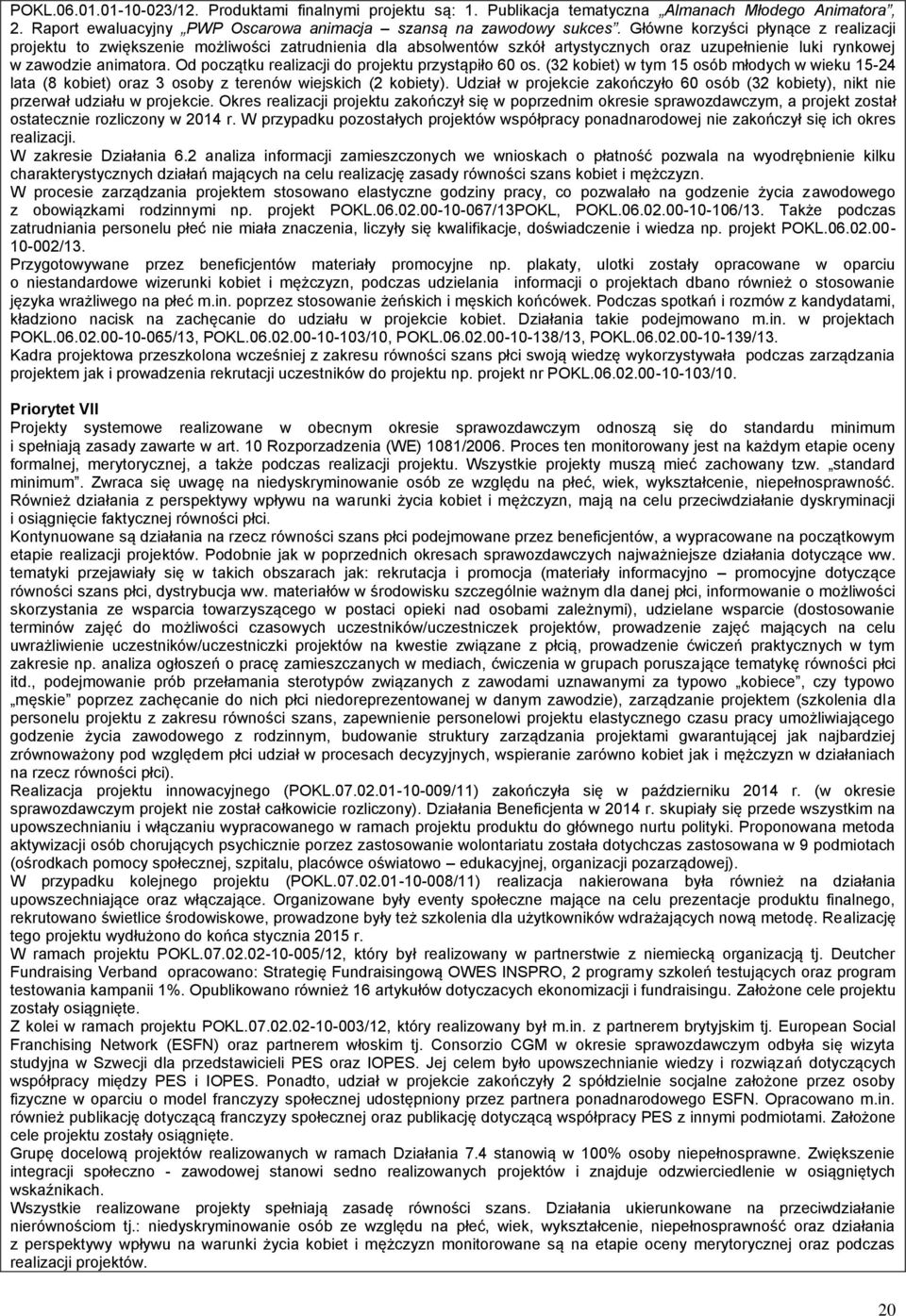 Od początku realizacji do projektu przystąpiło 60 os. (32 kobiet) w tym 15 osób młodych w wieku 15-24 lata (8 kobiet) oraz 3 osoby z terenów wiejskich (2 kobiety).