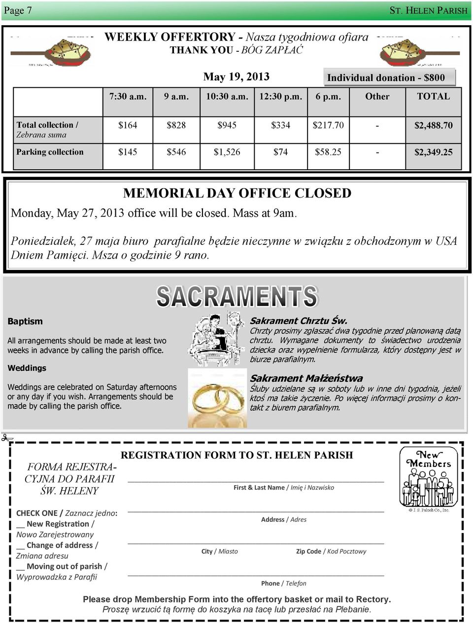 25 MEMORIAL DAY OFFICE CLOSED Monday, May 27, 2013 office will be closed. Mass at 9am. Poniedziałek, 27 maja biuro parafialne będzie nieczynne w zwi zku z obchodzonym w USA Dniem Pamięci.