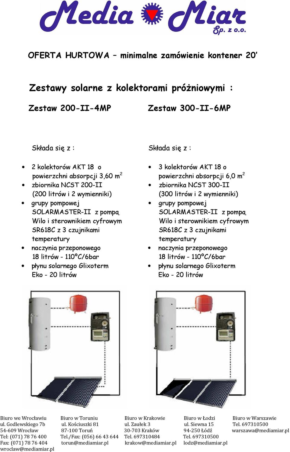 przeponowego 18 litrów - 110ºC/6bar płynu solarnego Glixoterm Eko - 20 litrów Składa się z : 3 kolektorów AKT 18 o powierzchni absorpcji 6,0 m 2 zbiornika NCST 300-II (300 litrów i 2