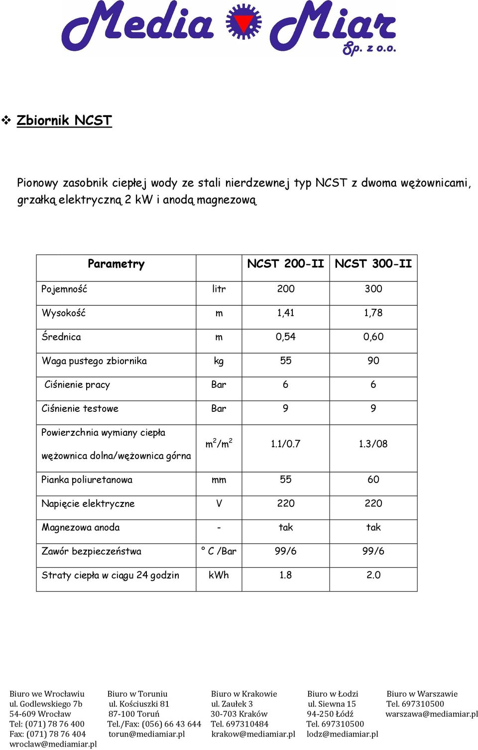 pracy Bar 6 6 Ciśnienie testowe Bar 9 9 Powierzchnia wymiany ciepła węŝownica dolna/węŝownica górna m 2 /m 2 1.1/0.7 1.