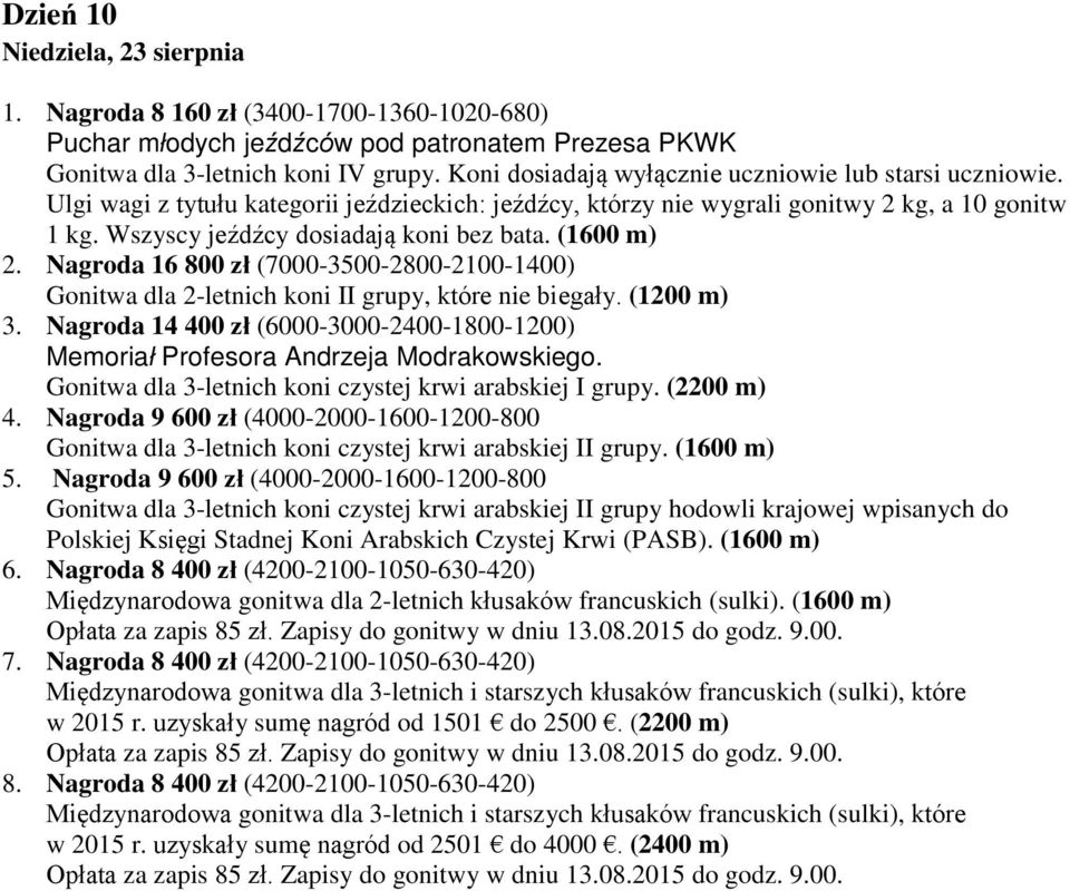 (1600 m) 2. Nagroda 16 800 zł (7000-3500-2800-2100-1400) Gonitwa dla 2-letnich koni II grupy, które nie biegały. (1200 m) 3.