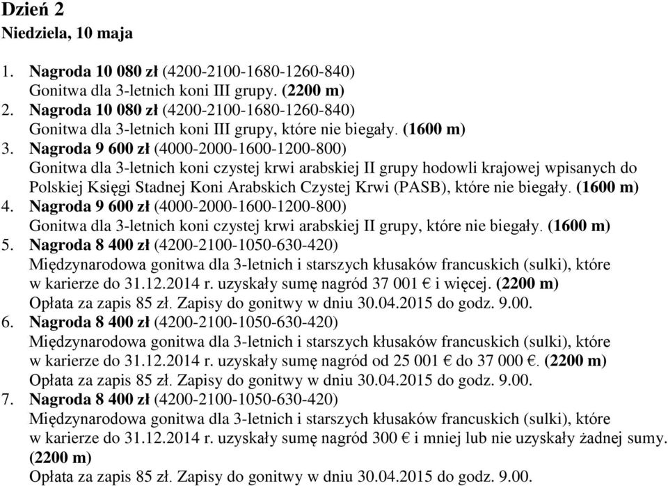 Nagroda 9 600 zł (4000-2000-1600-1200-800) Polskiej Księgi Stadnej Koni Arabskich Czystej Krwi (PASB), które nie biegały. (1600 m) 4.