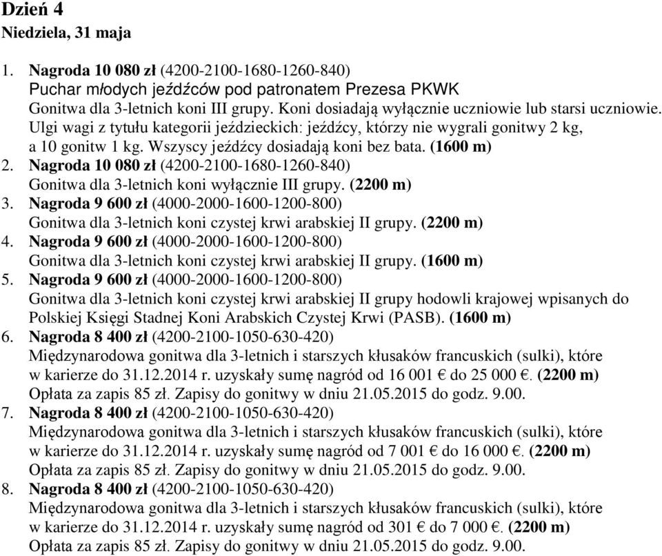 (1600 m) 2. Nagroda 10 080 zł (4200-2100-1680-1260-840) Gonitwa dla 3-letnich koni wyłącznie III grupy. (2200 m) 3.