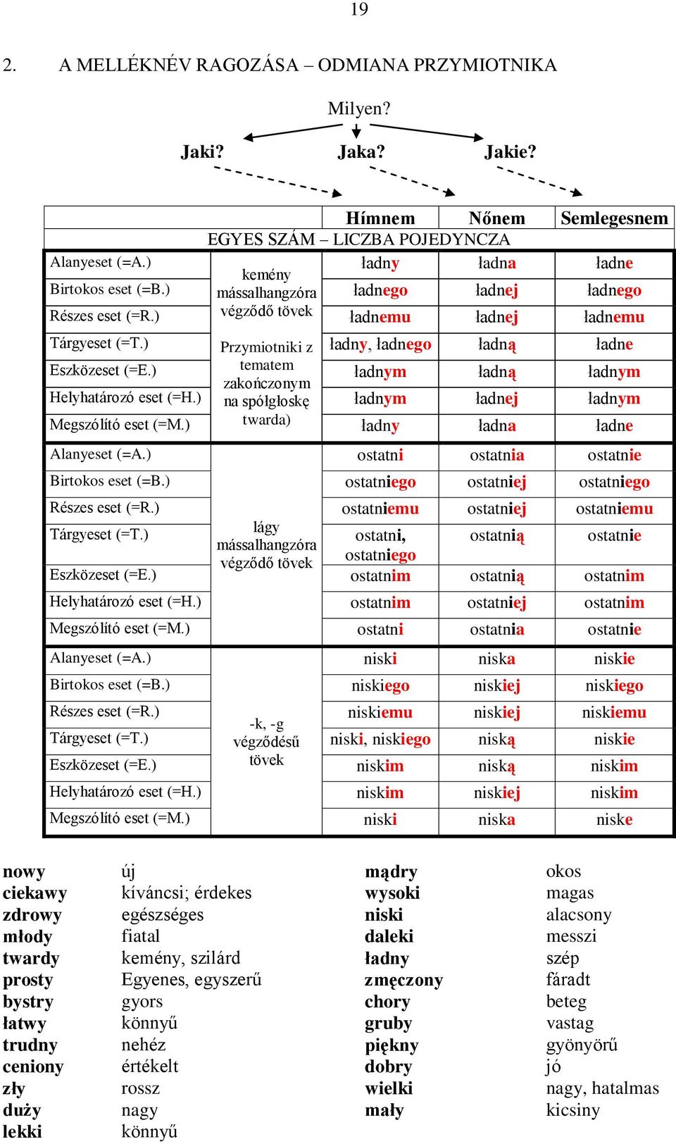 ) tematem ładnym ładną ładnym zakończonym Helyhatározó eset (=H.) na spółgłoskę ładnym ładnej ładnym Megszólító eset (=M.) twarda) ładny ładna ładne Alanyeset (=A.