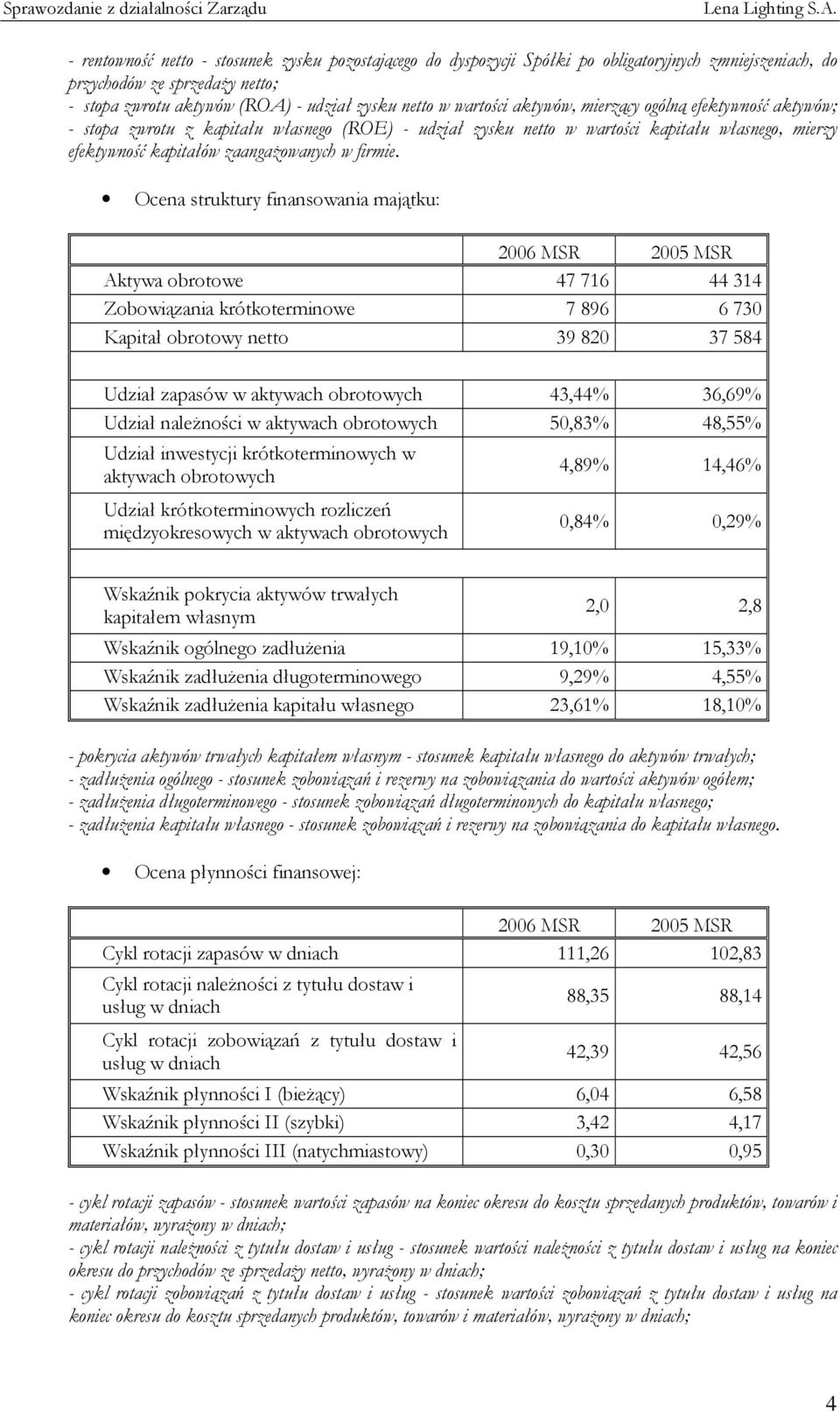 Ocena struktury finansowania majątku: 2006 MSR 2005 MSR Aktywa obrotowe 47 716 44 314 Zobowiązania krótkoterminowe 7 896 6 730 Kapitał obrotowy netto 39 820 37 584 Udział zapasów w aktywach