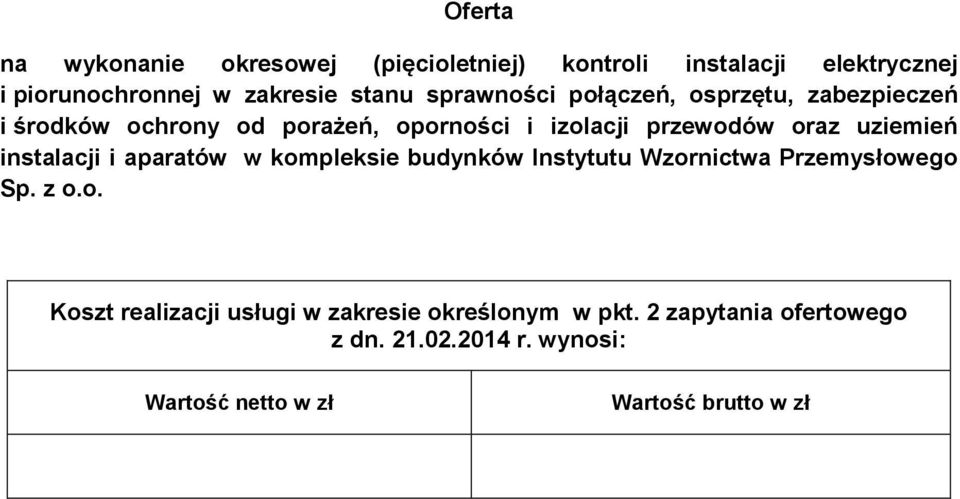 uziemień instalacji i aparatów w kompleksie budynków Instytutu Wzornictwa Przemysłowego Sp. z o.o. Koszt realizacji usługi w zakresie określonym w pkt.