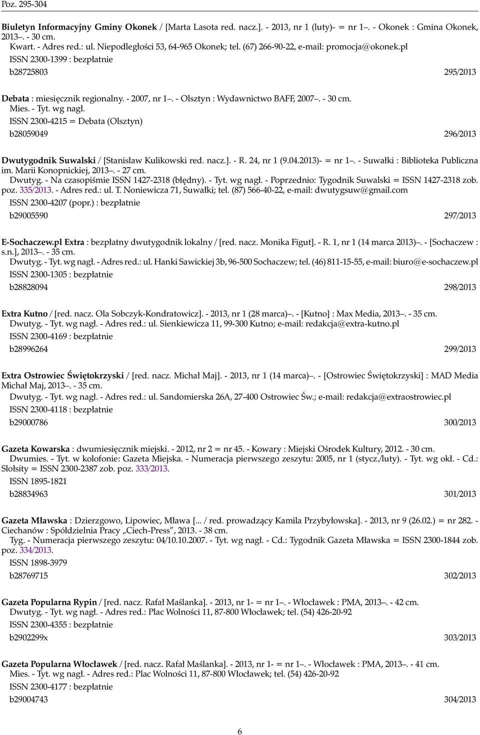 - Olsztyn : Wydawnictwo BAFF, 2007. - 30 cm. Mies. - Tyt. wg nagł. ISSN 2300-4215 = Debata (Olsztyn) b28059049 296/2013 Dwutygodnik Suwalski / [Stanisław Kulikowski red. nacz.]. - R. 24, nr 1 (9.04.2013)- = nr 1.