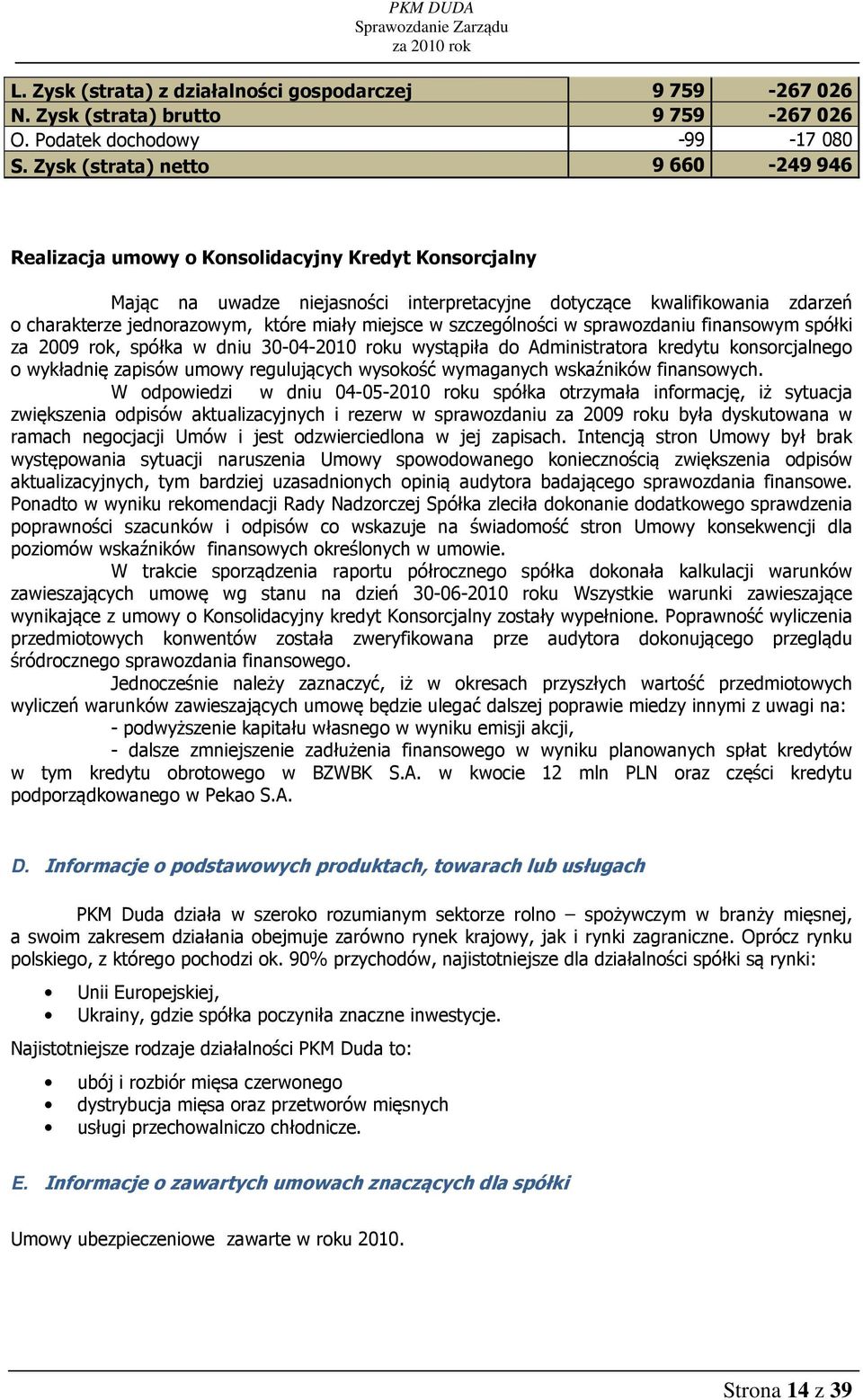 miały miejsce w szczególności w sprawozdaniu finansowym spółki za 2009 rok, spółka w dniu 30-04-2010 roku wystąpiła do Administratora kredytu konsorcjalnego o wykładnię zapisów umowy regulujących