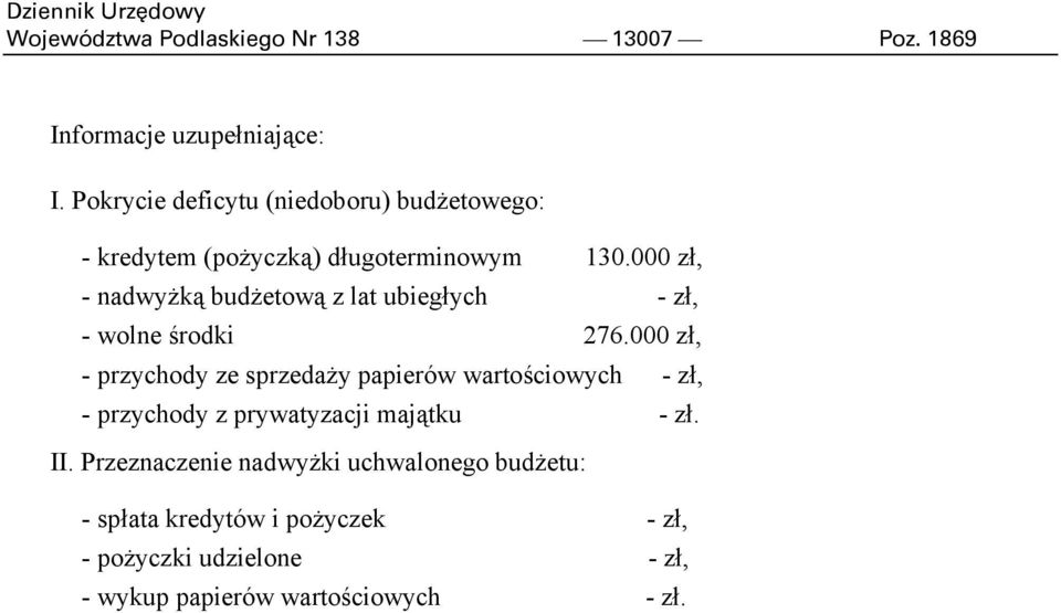 000 zł, - nadwyżką budżetową z lat ubiegłych - zł, - wolne środki 276.