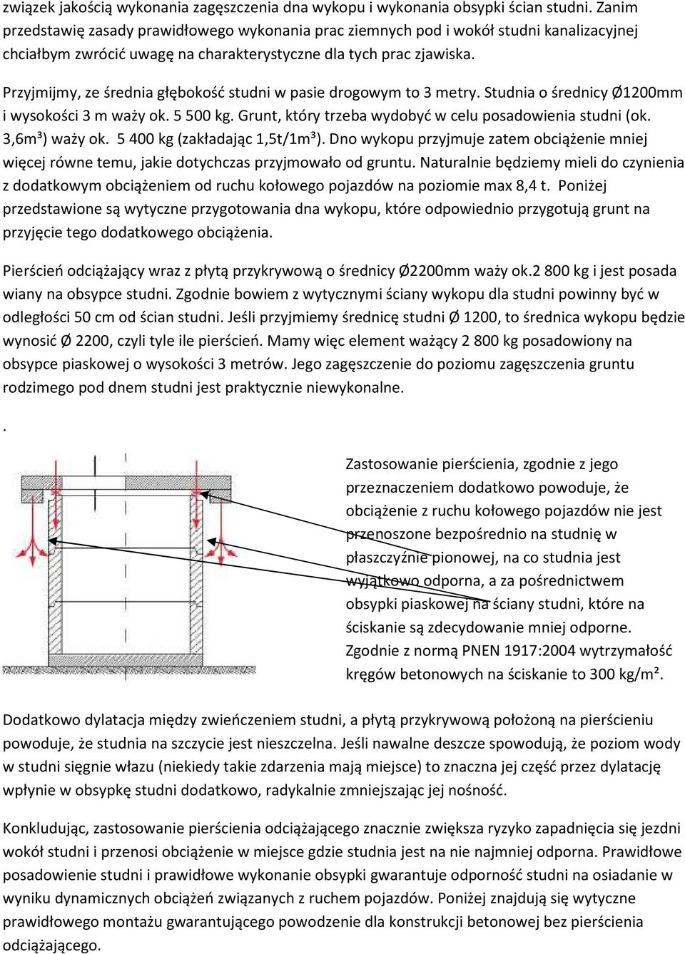 Przyjmijmy, ze średnia głębokość studni w pasie drogowym to 3 metry. Studnia o średnicy Ø1200mm i wysokości 3 m waży ok. 5 500 kg. Grunt, który trzeba wydobyć w celu posadowienia studni (ok.