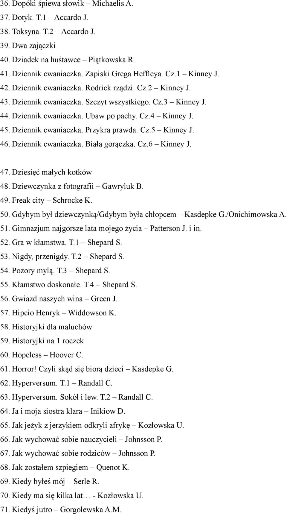 Dziennik cwaniaczka. Przykra prawda. Cz.5 Kinney J. 46. Dziennik cwaniaczka. Biała gorączka. Cz.6 Kinney J. 47. Dziesięć małych kotków 48. Dziewczynka z fotografii Gawryluk B. 49.