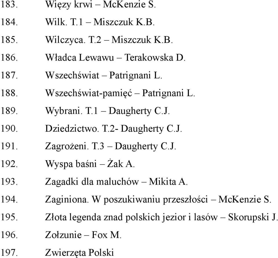 J. 191. Zagrożeni. T.3 Daugherty C.J. 192. Wyspa baśni Żak A. 193. Zagadki dla maluchów Mikita A. 194. Zaginiona.