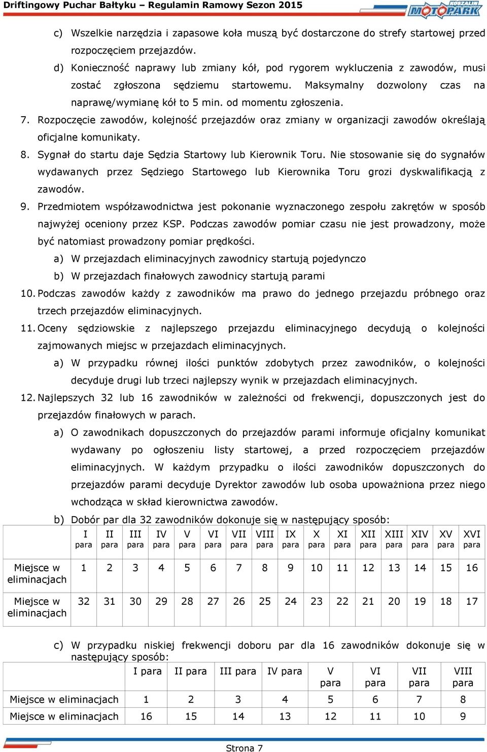 7. Rozpoczęcie zawodów, kolejność przejazdów oraz zmiany w organizacji zawodów określają oficjalne komunikaty. 8. Sygnał do startu daje Sędzia Startowy lub Kierownik Toru.