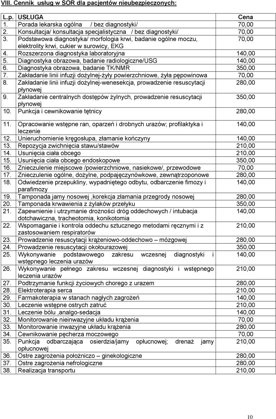 Diagnostyka obrazowa, badanie radiologiczne/usg 140,00 6. Diagnostyka obrazowa, badanie TK/NMR 350,00 7. Zakładanie linii infuzji dożylnej-żyły powierzchniowe, żyła pępowinowa 70,00 8.