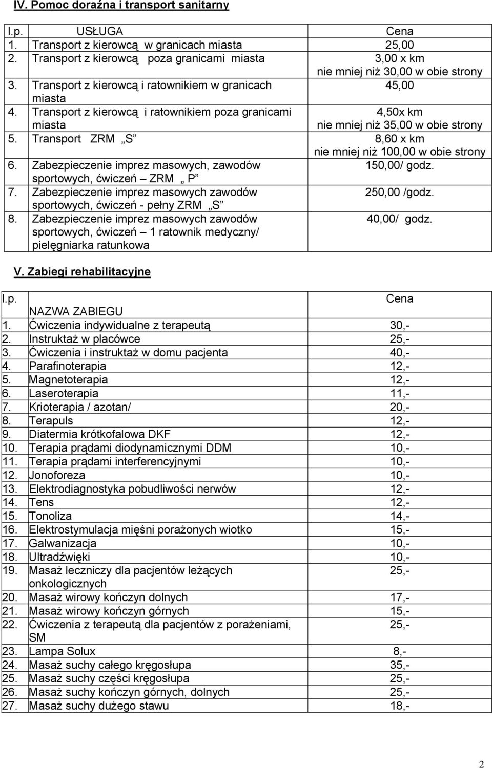 Transport ZRM S 8,60 x km nie mniej niż 100,00 w obie strony 6. Zabezpieczenie imprez masowych, zawodów 150,00/ godz. sportowych, ćwiczeń ZRM P 7. Zabezpieczenie imprez masowych zawodów 250,00 /godz.