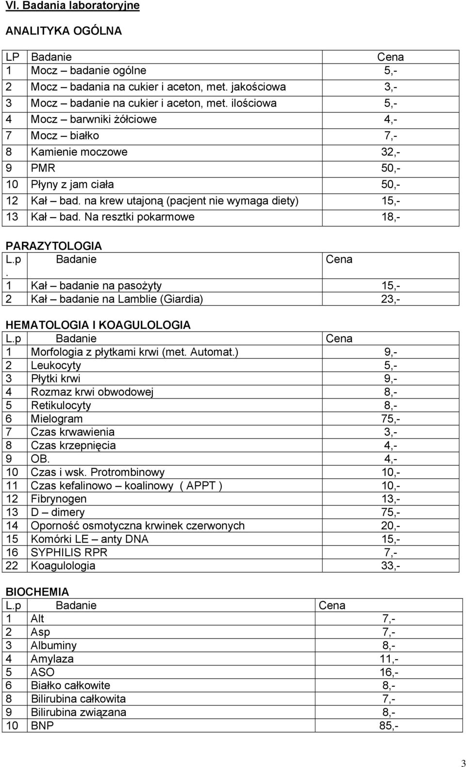 Na resztki pokarmowe 18,- PARAZYTOLOGIA L.p Badanie Cena. 1 Kał badanie na pasożyty 15,- 2 Kał badanie na Lamblie (Giardia) 23,- HEMATOLOGIA I KOAGULOLOGIA L.