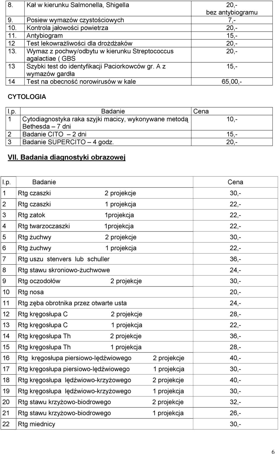 A z 15,- wymazów gardła 14 Test na obecność norowirusów w kale 65,00,- CYTOLOGIA l.p.