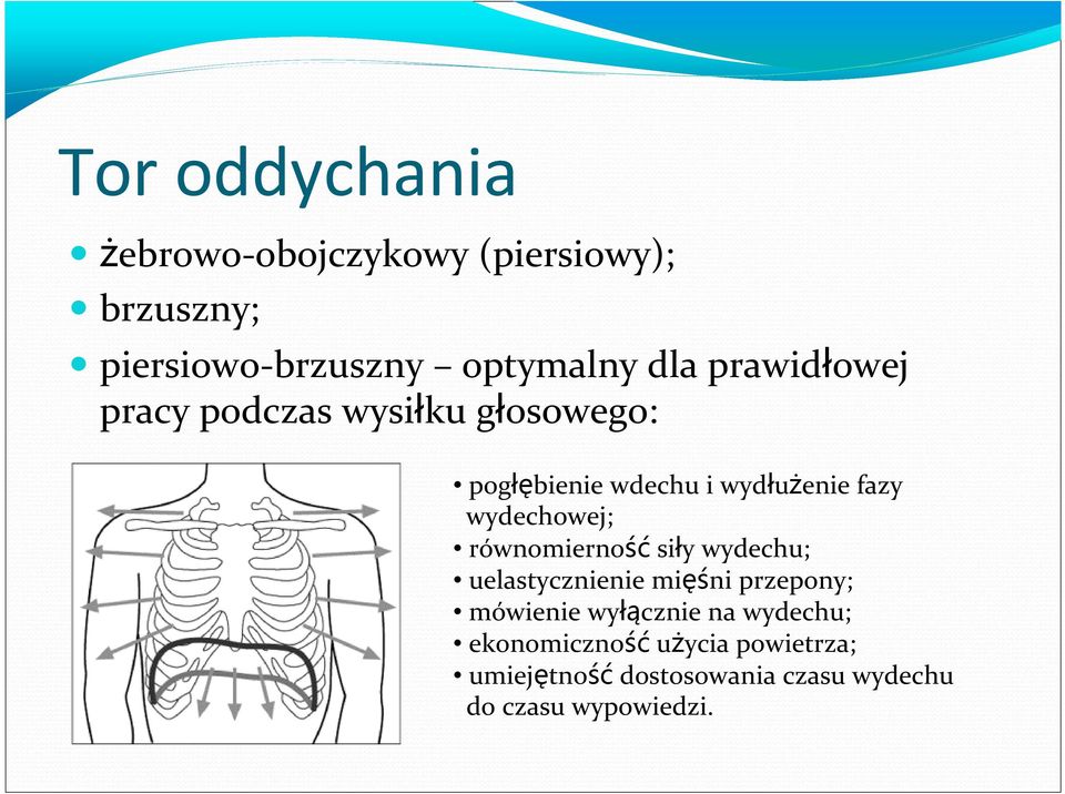 wydechowej; równomierność siły wydechu; uelastycznienie mięśni przepony; mówienie wyłącznie