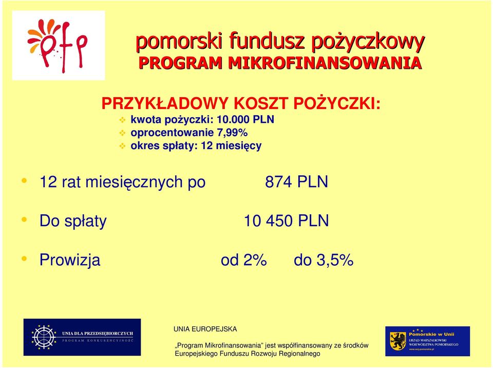 spłaty 874 PLN 1 45 PLN Prowizja od 2% do,5% UNIA EUROPEJSKA Program