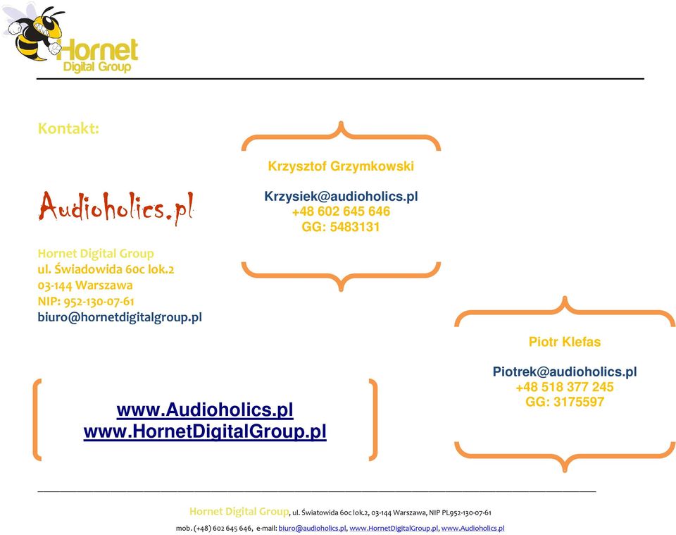 2 03-144 Warszawa NIP: 952-130-07-61 biuro@hornetdigitalgroup.pl Piotr Klefas www.