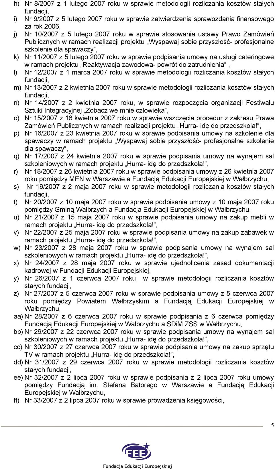 roku w sprawie podpisania umowy na usługi cateringowe w ramach projektu Reaktywacja zawodowa- powrót do zatrudnienia, l) Nr 12/2007 z 1 marca 2007 roku w sprawie metodologii rozliczania kosztów