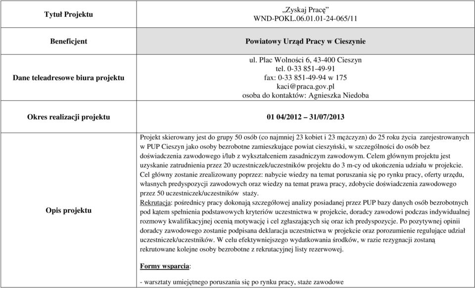 zarejestrowanych w PUP Cieszyn jako osoby bezrobotne zamieszkujące powiat cieszyński, w szczególności do osób bez doświadczenia zawodowego i/lub z wykształceniem zasadniczym zawodowym.