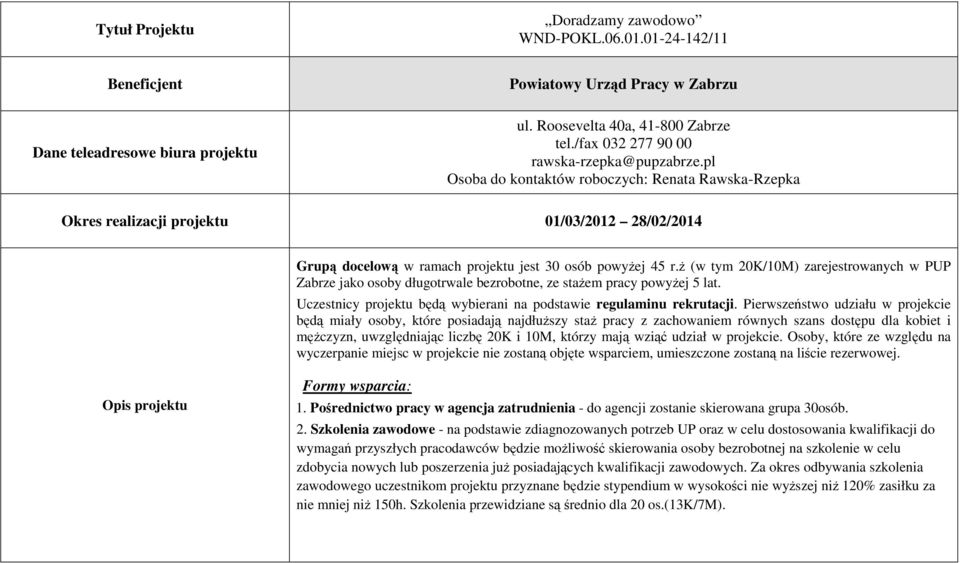 ŝ (w tym 20K/10M) zarejestrowanych w PUP Zabrze jako osoby długotrwale bezrobotne, ze staŝem pracy powyŝej 5 lat. Uczestnicy projektu będą wybierani na podstawie regulaminu rekrutacji.