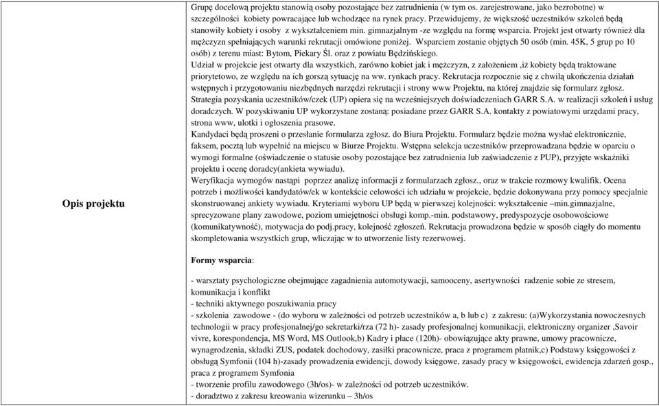 Projekt jest otwarty równieŝ dla męŝczyzn spełniających warunki rekrutacji omówione poniŝej. Wsparciem zostanie objętych 50 osób (min. 45K, 5 grup po 10 osób) z terenu miast: Bytom, Piekary Śl.