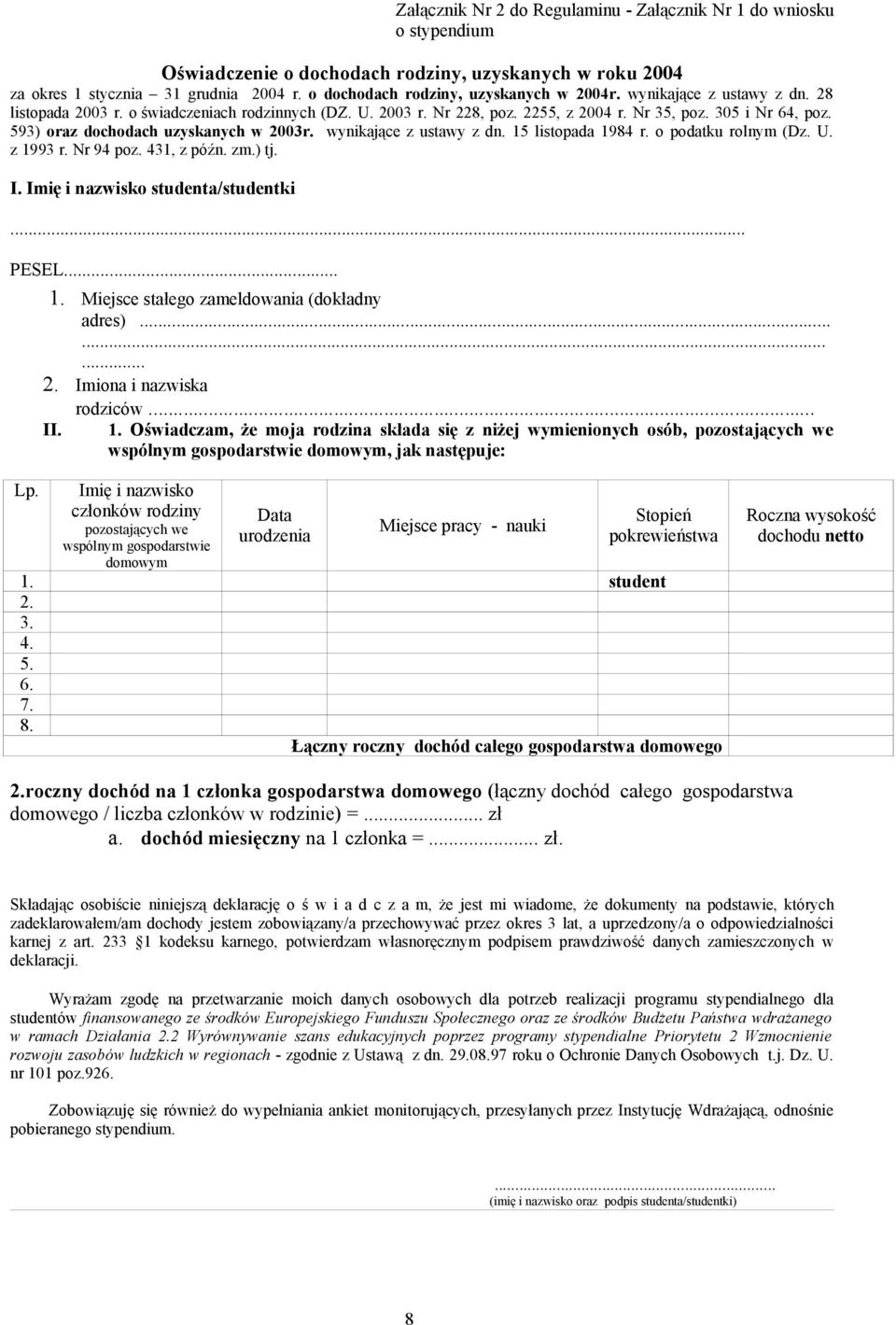 593) oraz dochodach uzyskanych w 2003r. wynikające z ustawy z dn. 15 listopada 1984 r. o podatku rolnym (Dz. U. z 1993 r. Nr 94 poz. 431, z późn. zm.) tj. I. Imię i nazwisko studenta/studentki... PESEL.